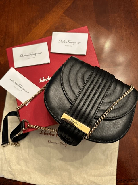 SALVATORE FERRAGAMO Rosette Leather Chain Crossbody Bag Black