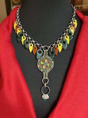 Berber Vintage enameled Moroccan coin & Green Carnelian Talhakimt Rolo Necklace.