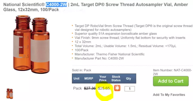 (100 Pack) 2ml Amber Target DP ID Lab Autosampler Vials [Z3S3]