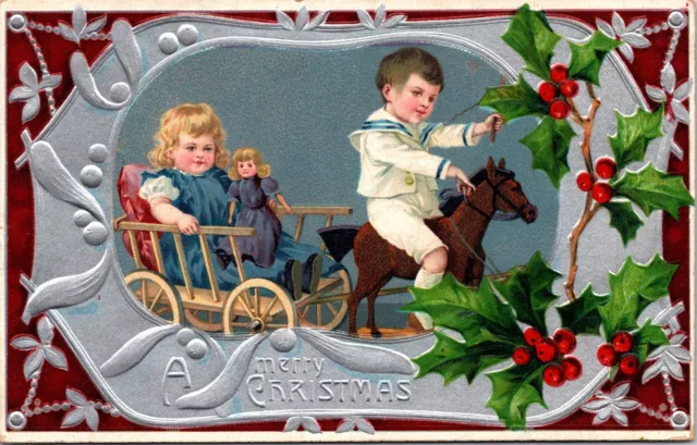 Christmas Boy Toy Horse Pulling Carriage Doll Embossed Germany 1908 postcard P10