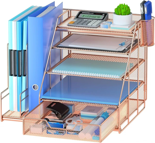 Rose Gold Office Desk Organizer with Vertical File Folder Holders 5-Tier Paper L