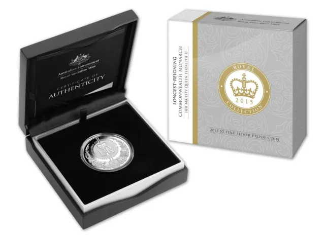 Australia: 2015 $5 QEII Longest Reigning 1oz Silver Proof in Case with cert