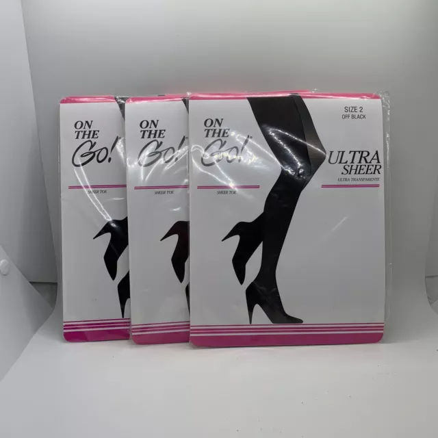 On the Go Ultra Sheer Toe Pantyhose Sz 2 Off Black Lot Of 3 Vtg Women NWOT