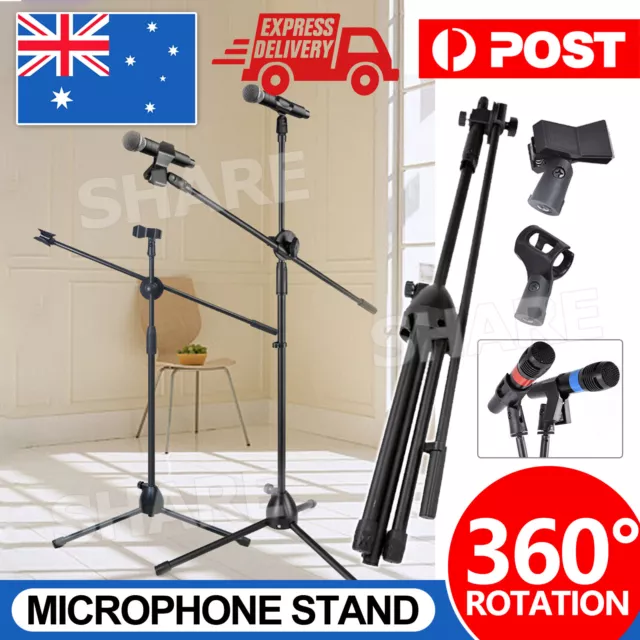 Professional Dual Microphone Stand Telescopic Boom Adjustable Mic Holder Tripod