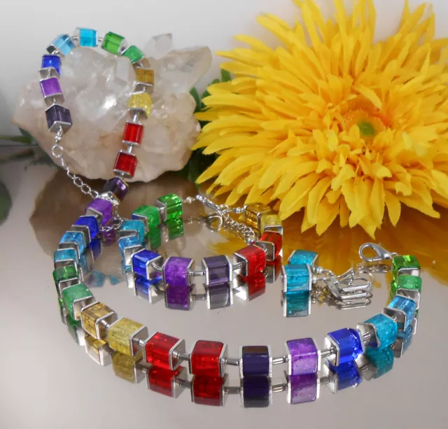 3er Set Collier Ohrringe Armband Würfel Perlen Glas + Crash Multicolor Bunt
