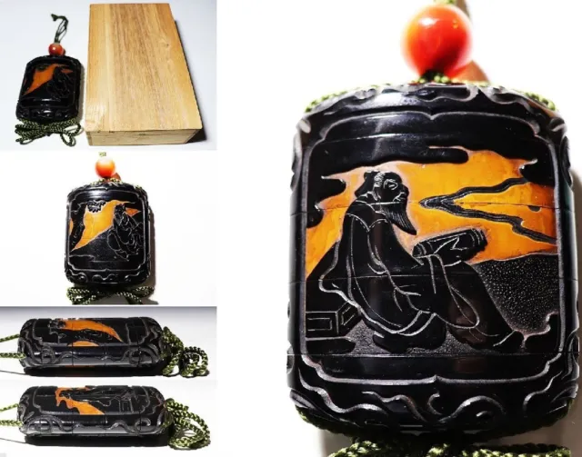 Japan Antique lacquer hermit Inro agate Ojime bead netsuke sagemono rare Edo