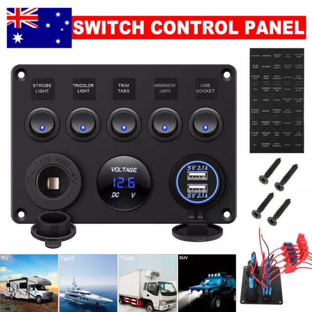 5 Gang 12V Switch Panel LED Light Rocker Circuit Breaker For Car RV Boat Marine