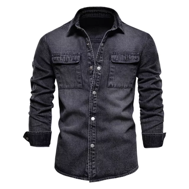 Mens Fashion Simple Loose Pocket Fitting Jeans Non Iron Solid Long Sleeve Shirt 3