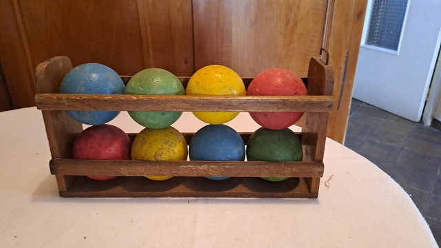 ANCIEN JEU DE 8 Boules En Bois Multicolores Avec Son Coffret EUR 9,00