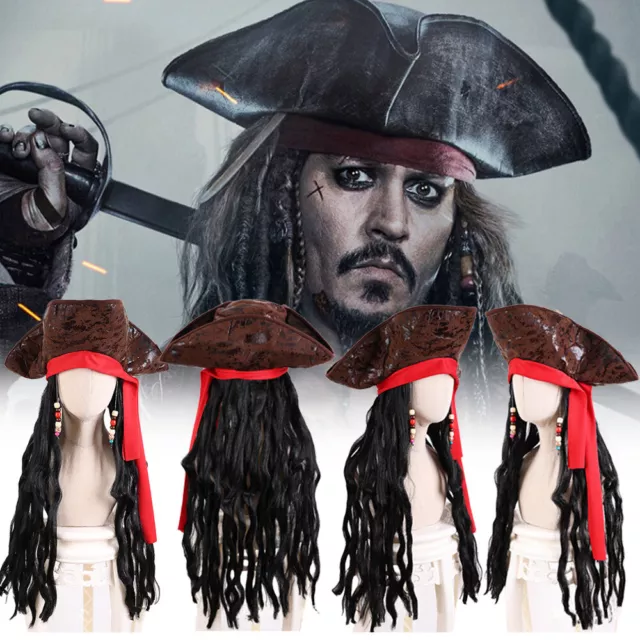 Cappello Pirata Marrone con Dreadlocks Uomo Caraibi Fantasy Abito Costume Accessori