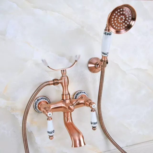Antique Red Copper Wall Mount Clawfoot Bath Tub Faucet Tap w/ Handheld Shower