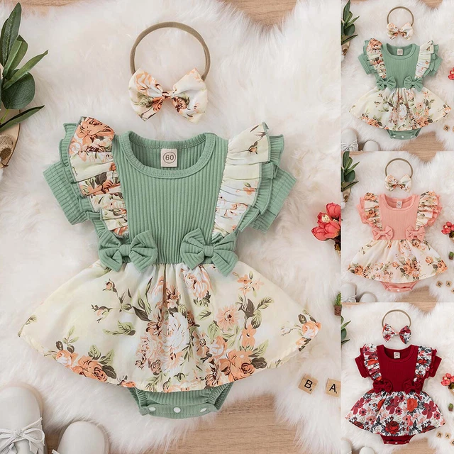 Newborn Baby Girls Floral Bodysuit Skirt Dress Ruffle Romper Headband Outfit Set