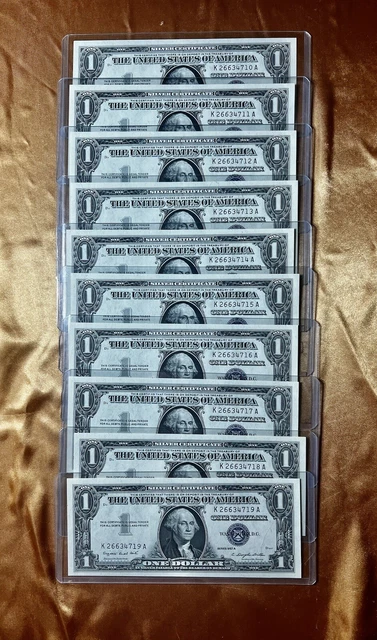 Lot of 10 CONSECUTIVE 1957 ONE DOLLAR SILVER CERTIFICATE BLUE SEAL BU UNC CRISP