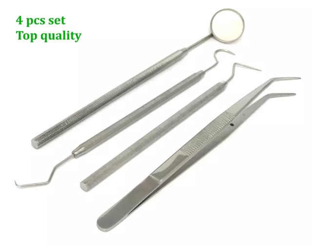 Dental Scalers Probe Pick Set + Mouth Mirror Steel 4 Piece Tool Kit Leather Case