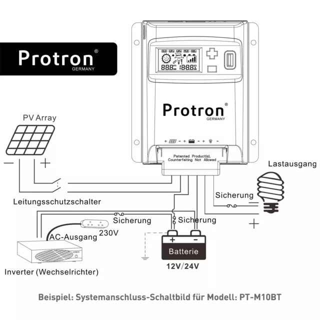 Protron MPPT BT LCD Solar Laderegler für Solarpanel 12V 24V 10A 20A 30A 40A APP 3