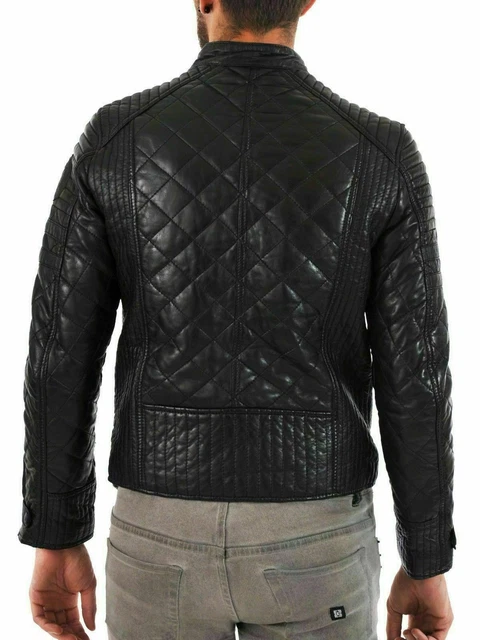 Men genuine lambskin leather Classic Quilted Puffer Biker Black Coat Jacket 3