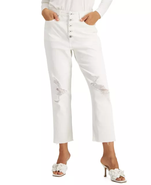 $70 Inc International Concepts Womens High Rise Ripped Mom Jeans White Size 8