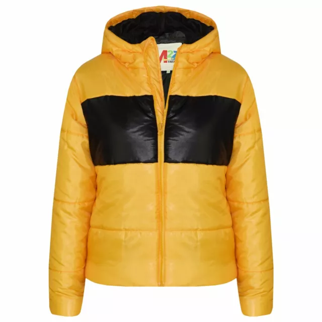 Kids Girls Boys Mustard Contrast Panel Hooded Padded Quilted Warm Jackets