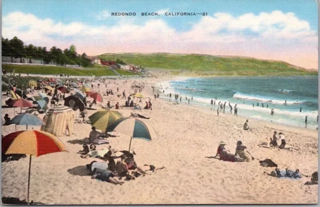 REDONDO BEACH California Postcard Bathing Beach Scene / Kropp Linen - Dated 1941