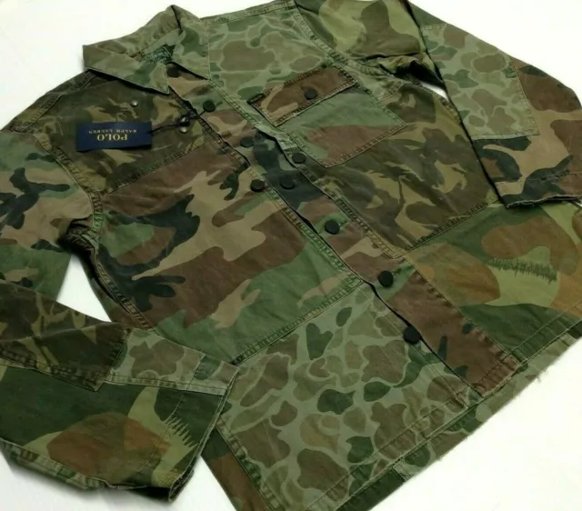 Polo Ralph Lauren Patchwork Military Army Camo Distressed Fatigue Shirt Jacket