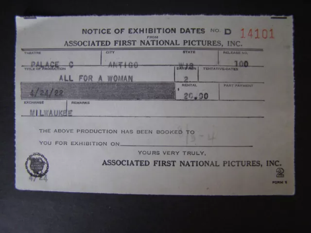 Movie Billhead Assoc 1st Natl 1922 All For A Woman Emil Jennings Werner Krauss