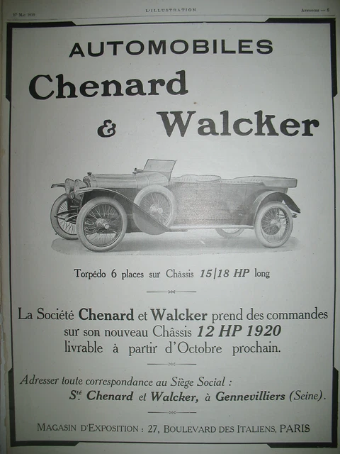 Chenard & Walker Torpedo 15/18 Hp French Ad 1919 Press Advertisement
