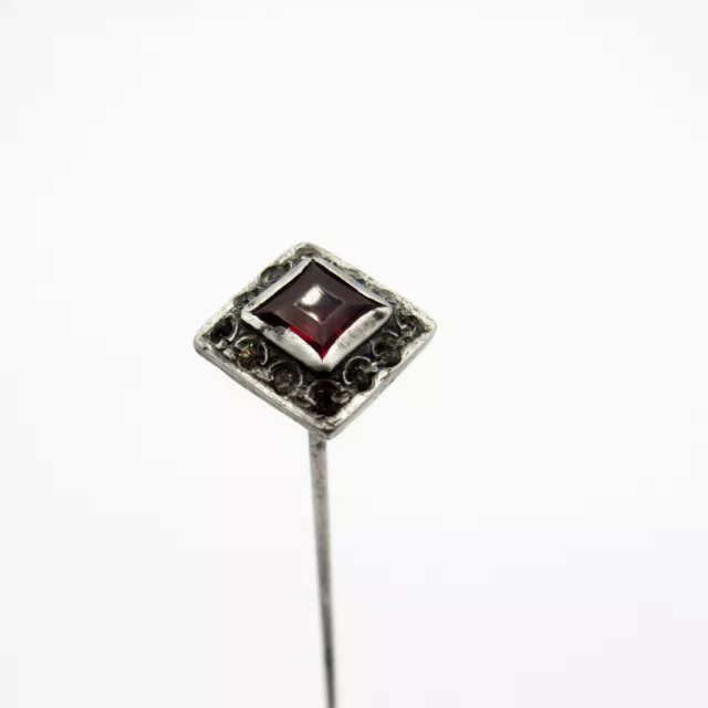 Antique Hatpin Square Silver with Red Stone and Small Rhinestones Hat Pin, NR