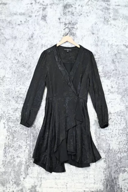 Guess Black Satin Snakeskin Cross Wrap Long Sleeve Dress Size S Small