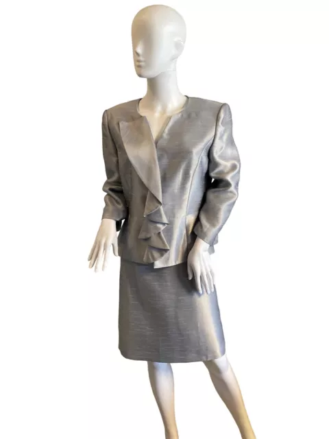 Tahari Luxe Arthur S Levine Silver Metalic Formal Skirt Suit Sz 12P