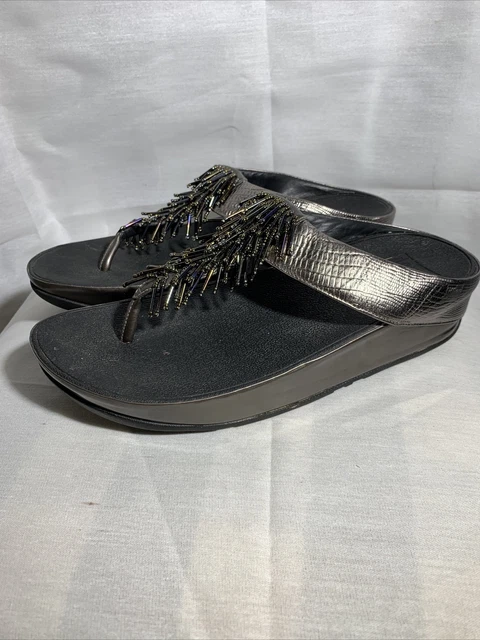 FitFlop Cha Cha Silver Slides Flip Flops Womens Size 8 Beaded