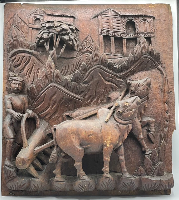 VINTAGE HAND CARVED Wood Panel 3D Ornate Wall Art Decor Oxen And Farmer ...