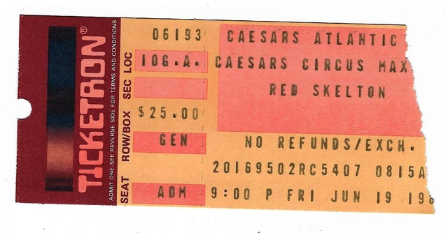Red Skelton 6/19/87 Atlantic City NJ Caesars Palace Rare Ticket Stub!