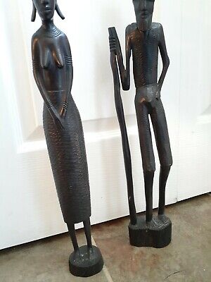 Vtg African Couple Dark Hard Wood Hand Carved Detailed Statues Ebony Tribal Art 3