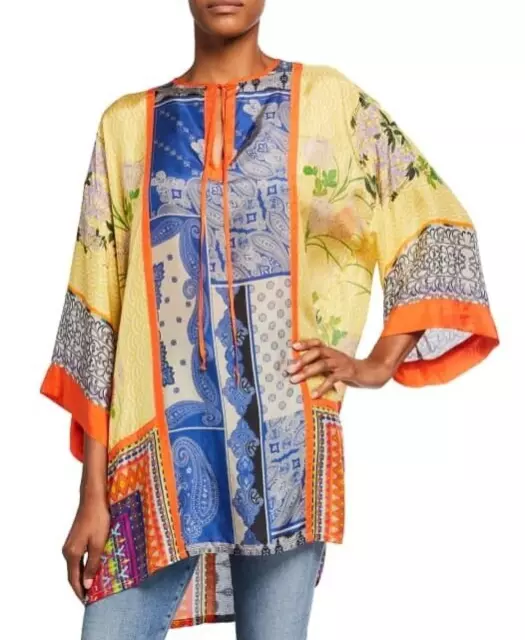 BNWT Johnny Was Arden Mixed Print Silk Kimono Tunic Top, Multi, L $260