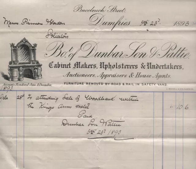 1893 Dumfries, Dunbar, Son & Pattie, Cabinet Makers, Buccleuch St. Billhead