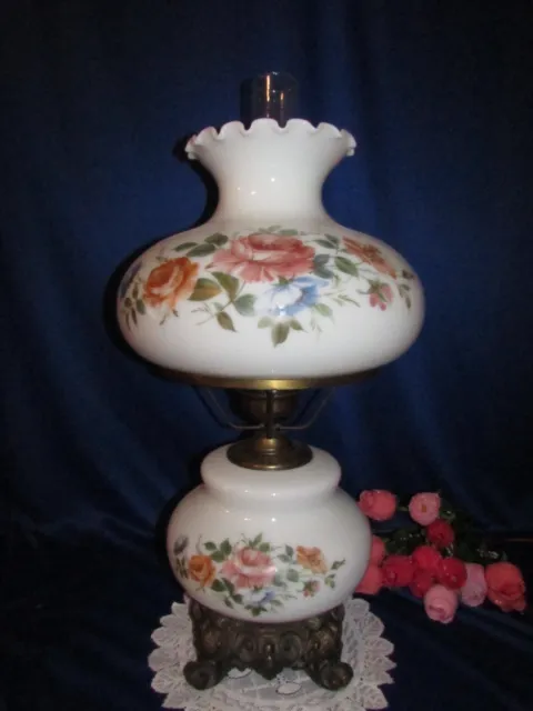 Vintage Gwtw Hurricane Parlor Table Lamp W Hand Painted Flowers 3 Way 27 1/2"