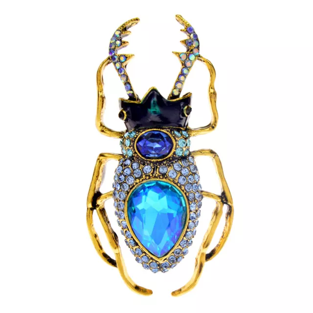 Art Deco Style Vintage Enamel Blue Crystal Beetle Brooch Badge Insect Pin Gift