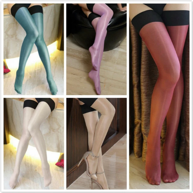 THIGH-HIGHS NYLON SKINNY Women Glossy Oil Shiny Sheer Top Stockings 8C
