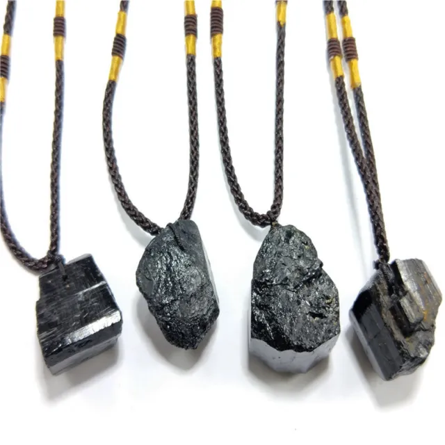 Raw Natural Black Tourmaline Quartz Crystal Pendant Healing Stone Necklace Gift