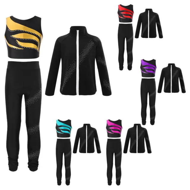 Kids Girls Tracksuits Patchwork Outfits Rhinestones Decorated Set Competition