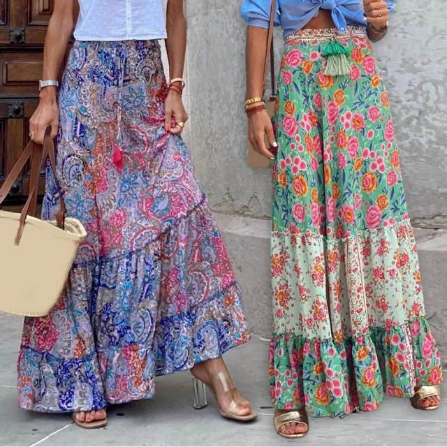 Womens Boho Floral Long Maxi Skirt Ladies High Waist Beach Ruffle Swing Dress