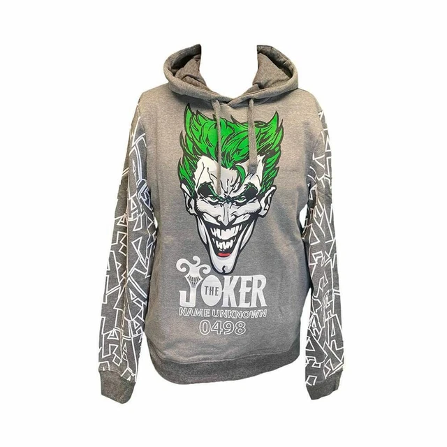 Unisex DC Comics Joker Face Grey Hoodie with Printed Sleeve - Sizes S to XXL