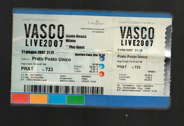 Vintage Biglietto ticket VASCO ROSSI LIVE 2007 Milano Stadio meazza