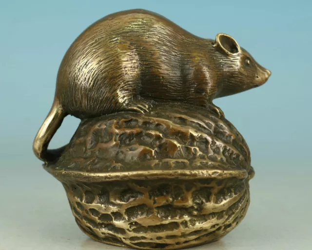 Lovely Old bronze Hand Carved Mouse walnut Eat enough Collect Statue Decoration