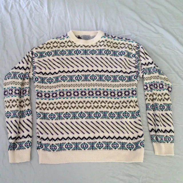 Vintage 80s 90s Free Fall Aqua Geometric Ramie Cotton Fair Isle Sweater Sz Small