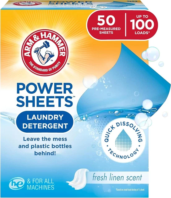 POWER SHEETS LAUNDRY Detergent, Fresh Linen 50ct, up to 100 Small Loads