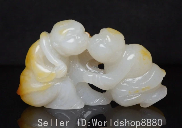 2.8" Old China Hetian Jade Carved Fengshui Lotus Leaf Pair Tongzi Amulet Pendant