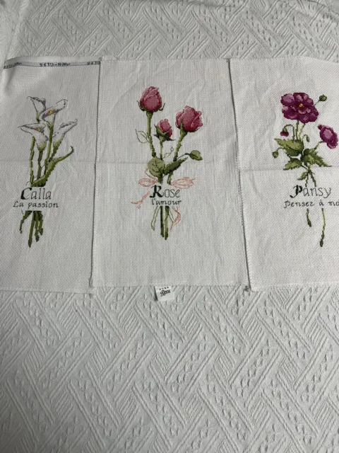 3 pieces completed finished cross stitch flowers 5''x 11'' Unframed New