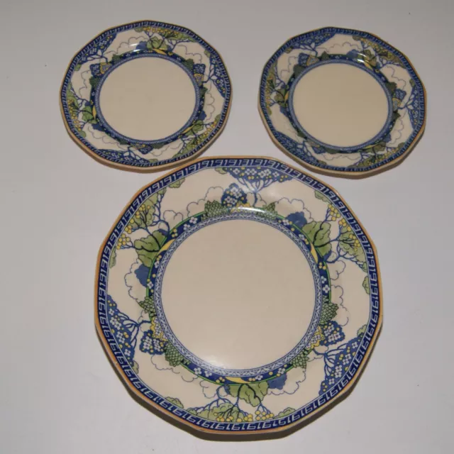 3x Antique Art Deco, Royal Doulton 'Merryweather' Pattern Plates 25cm and 16cm