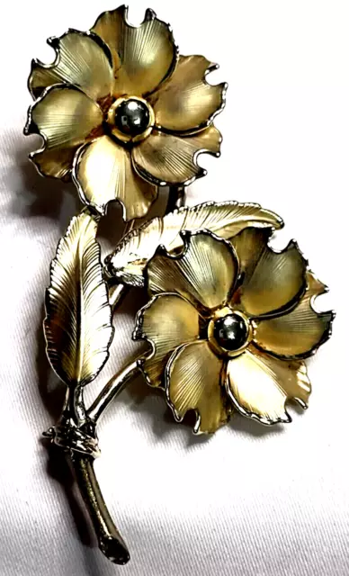 Brooch VTG Designer Signed Coro Gold Tone Metal 3" Flowers Leaves Pin 1960s